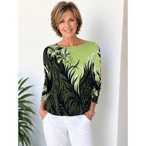 Bob Mackie Tropical Floral Palm Leaf Top Green Black 3/4 Sleeve Medium